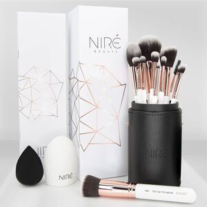 Niré Beauty 15piece White Rose Gold Makeup Brush Set & Beauty Blender With Case